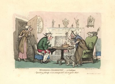 Man die op een geschrokken kat in zijn stoel gaat zitten door Thomas Rowlandson