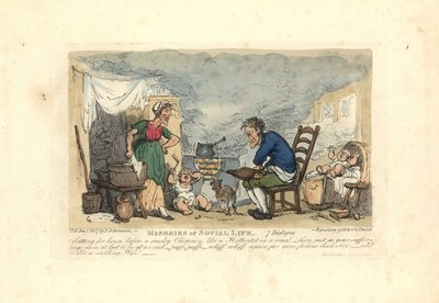 Man met blaasbalg voor een vuur in een rokerige kamer door Thomas Rowlandson