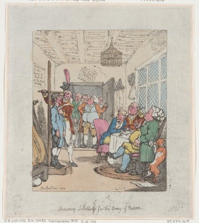 Meten van vervangers voor het reserveleger, 1805 door Thomas Rowlandson