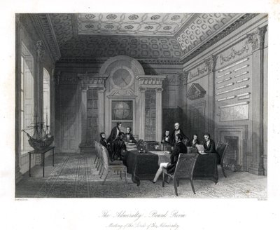 Vergadering van de Lords van de Admiraliteit in de Raadzaal, Admiraliteit. Staalgravure door Henry Melville naar een illustratie van Thomas Rowlandson uit London Interiors, Their Costumes and Ceremonies, Joshua Mead, Londen door Thomas Rowlandson