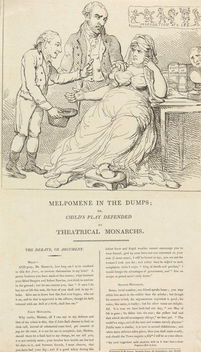 Melpomene in de put; of: Kinderspel verdedigd door theaterkoningen door Thomas Rowlandson