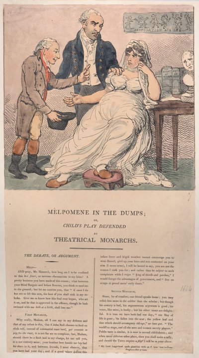 Melpomene in de Put, of Kinderspel Verdedigd door Theatrale Monarchen, 1804 door Thomas Rowlandson