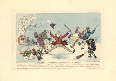 Mannen die vallen op schaatsen, een ander valt door het ijs door Thomas Rowlandson