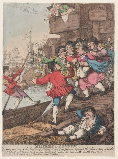 Ellende van Londen: Het betreden van een van de bruggen van Londen door Thomas Rowlandson