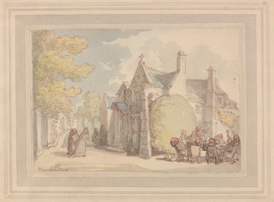 Monniken die buiten een klooster feestvieren door Thomas Rowlandson
