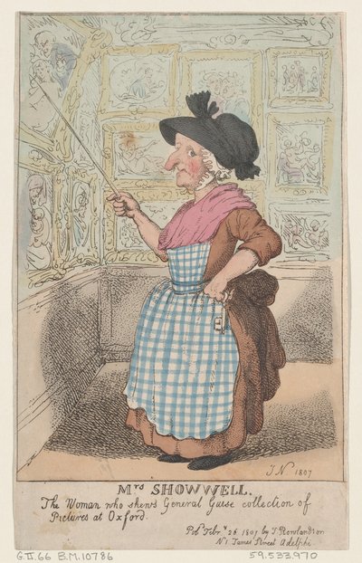 Mevrouw Showell, de vrouw die de collectie schilderijen van generaal Guise toont door Thomas Rowlandson
