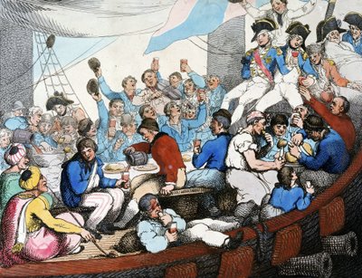 Napoleontische Oorlogen, Egyptische Veldtocht (1798-1801): Admiraal Horatio Nelson viert met zijn troepen zijn glorieuze overwinning in de Slag bij de Nijl (Slag bij Aboukir) (augustus 1798), aan boord van zijn schip door Thomas Rowlandson