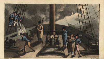 Marine overgangsritueel, Hondenvis Blaffen: Johnny wordt naar het dek gestuurd om te luisteren naar het blaffen van een hondenvis, alleen om doorweekt te worden door emmers water van matrozen in het tuigage. Handgekleurde kopergravure door W. Read naar een door Thomas Rowlandson