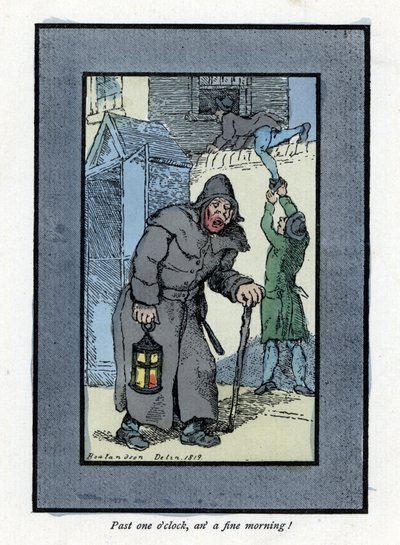 Nachtwaker met zijn lantaarn en stok, onoplettend voor twee inbrekers (houtsnede gebaseerd op een schilderij van Thomas Rowlandson) door Thomas Rowlandson
