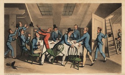 Officieren en adelborsten vieren het nieuws dat de kapitein het schip heeft verlaten door Thomas Rowlandson
