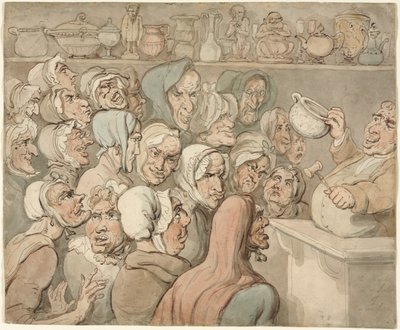 Oude Vrijsters bij een Verkoop van Curiosa door Thomas Rowlandson
