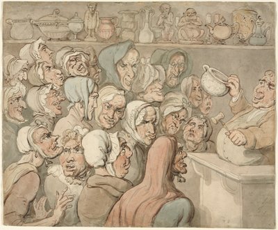 Oude Vrijsters bij een Verkoop van Curiosa door Thomas Rowlandson
