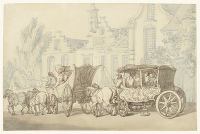 Open reiswagen en koets in een quasi-Hollandse straat door Thomas Rowlandson
