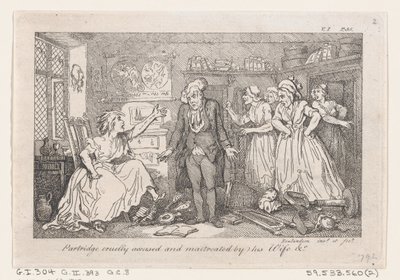 Patrijs wreed beschuldigd en mishandeld door zijn vrouw, uit De geschiedenis van Tom Jones, een vondeling door Thomas Rowlandson