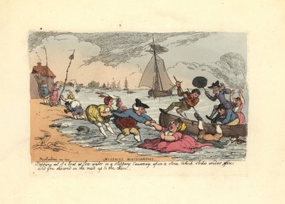 Passagiers die uitglijden en in de riviermodder vallen door Thomas Rowlandson