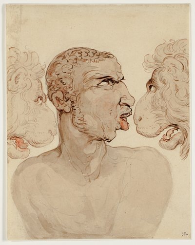 Fysiognomische studie van het hoofd van een man en twee leeuwen door Thomas Rowlandson