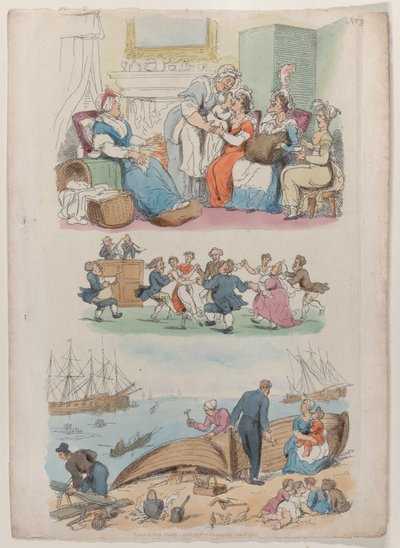 Bezoek aan een kraambed, een rondedans, uit Wereld in Miniatuur, 1816 door Thomas Rowlandson