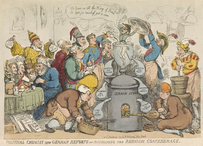 Politieke chemicus en Duitse retorten of het oplossen van de Rijnbond, uitgegeven 1813 door Thomas Rowlandson