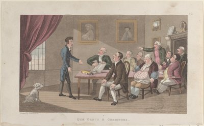 Quae Genus & Crediteuren, uit De geschiedenis van Johnny Quae Genus, De kleine Fou..., 1 december 1821 door Thomas Rowlandson