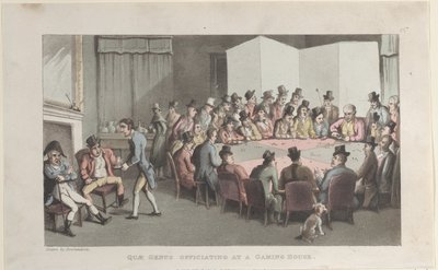 Quae Genus officiating in een gokhuis, uit De geschiedenis van Johnny Quae Gen..., 1 november 1821 door Thomas Rowlandson