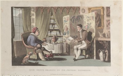 Quae Genus Leest voor aan Sir Jeffery Gourmand, uit The History of Johnny Quae Genu..., 1 maart 1822 door Thomas Rowlandson