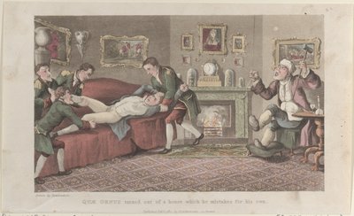 Quae Genus uit een huis gezet dat hij voor het zijne aanziet, uit The Hist..., 1 februari 1822 door Thomas Rowlandson