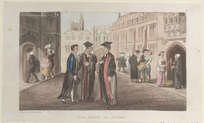Quae Genus in Oxford, uit De Geschiedenis van Johnny Quae Genus, De Kleine Vondeling, 1 november 1821 door Thomas Rowlandson