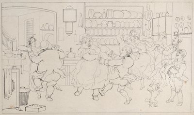 Quae Genus in de sporten van de keuken, uit De geschiedenis van Johnny Quoe Genus: de kleine..., 1822 door Thomas Rowlandson