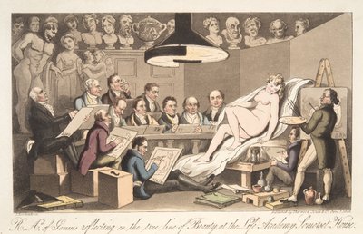 R---A---ys van genialiteit reflecterend op de ware lijn van schoonheid in de Life Academy, Somerset House, uit The English Spy, uitgegeven 1824 door Thomas Rowlandson