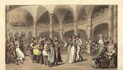 Feestvierders in kostuum op een gemaskerd bal in een groot theater door Thomas Rowlandson