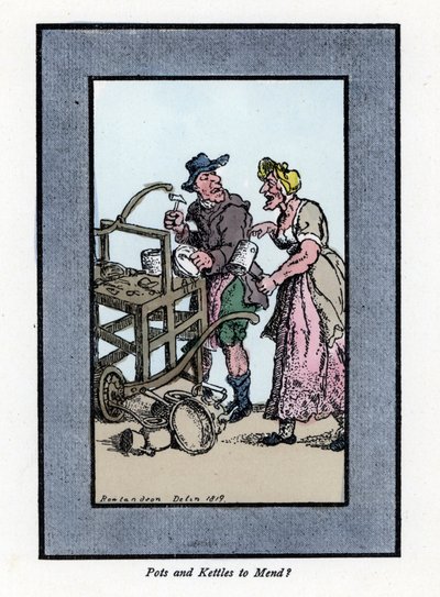 Rondreizende en klant die de onderkant van een pot laat zien. Hij slaat met een hamer op een metalen pot op een draagbare bank. Houtsnede, gebaseerd op een schilderij door Thomas Rowlandson (1756-1827), gepubliceerd in The Cris of London: met zes charmante door Thomas Rowlandson