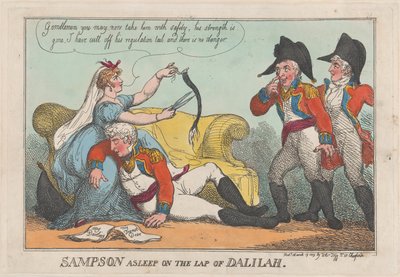 Sampson slaapt op de schoot van Dalilah door Thomas Rowlandson