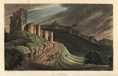 Kasteel van Scarborough: toeristen wandelen de heuvel op naar het 12e-eeuwse stenen kasteel. Handgekleurde kopergravure door Thomas Rowlandson naar een schets van J. Green uit Poetical Sketches of Scarborough, Ackermann, Londen door Thomas Rowlandson
