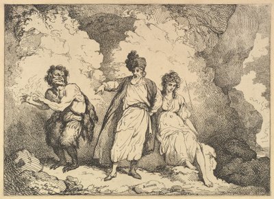 Scène uit De Storm: Caliban, Prospero en Miranda, [1783-87] heruitgegeven 1801 door Thomas Rowlandson