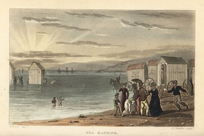 Zeezwemmen: naakte vrouwen zwemmen in de zee, en badmachines worden het water in gereden. Handgekleurde kopergravure door Thomas Rowlandson, aquatint door J.C. Stadler, naar een schets van J. Green uit Poetical Sketches of Scarborough, Ackermann, Londen door Thomas Rowlandson