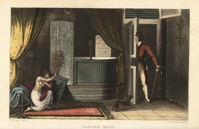 Douchebad: vrouwen nemen een koude douche in een badkamer en verbergen hun schaamte voor een mannelijke indringer door Thomas Rowlandson