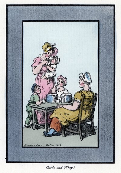 Zittende vrouw die kwartelmelk en melk verkoopt aan een moeder en kinderen (1819). Houtsnede, gebaseerd op een schilderij door Thomas Rowlandson (1756-1827), gepubliceerd in The Cris of London: met zes charmante kinderen en bijna 40 illustraties, door Andr door Thomas Rowlandson