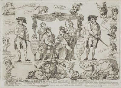 Politiek overzicht van Europa, 24 januari 1786 – Verjaardag van de koning van Pruisen door Thomas Rowlandson