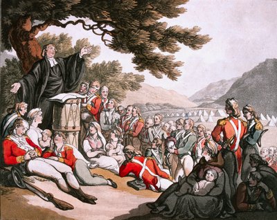 Soldaten bij de godsdienstoefening door Thomas Rowlandson
