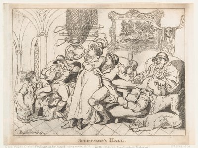 De sporterszaal, of: Jagers die tot rust komen door Thomas Rowlandson