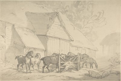 Stal met paarden door Thomas Rowlandson