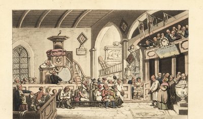 Zondagdienst in een plattelandskerk, Regency Tijdperk door Thomas Rowlandson