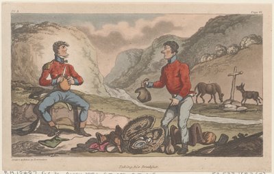 Zijn ontbijt nemen, uit De militaire avonturen van Johnny Newcome, 1815 door Thomas Rowlandson