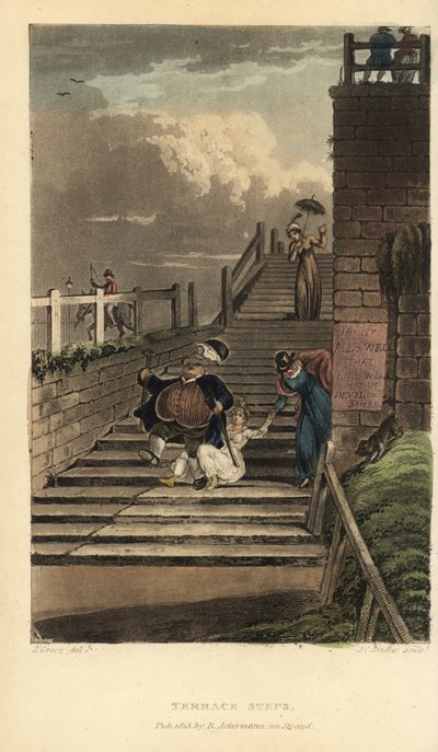 Terras Trappen: toeristen vallen van de trappen van Cliff Terrace. Handgekleurde kopergravure door Thomas Rowlandson, aquatint door J.C. Stadler, naar een schets van J. Green uit Poetical Sketches of Scarborough, Ackermann, Londen door Thomas Rowlandson