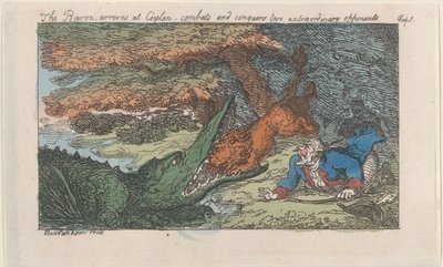 De baron arriveert in Ceylon, vecht en overwint twee buitengewone tegenstanders, [1809], heruitgegeven 1811 door Thomas Rowlandson