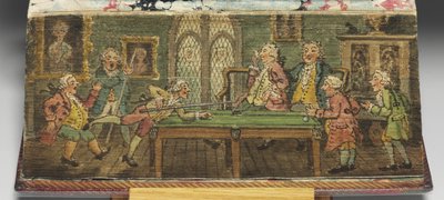 Het Boek van Gemeenschappelijk Gebed, detail van een voorrand schilderij van Een biljartspel door Thomas Rowlandson