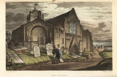 De Kerk: oude toeristen lezen de grafstenen in een gotische kerk door Thomas Rowlandson