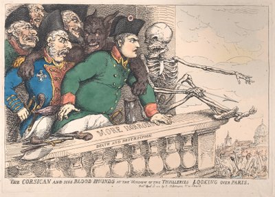De Corsicaan en zijn bloedhonden bij het raam van de Thuilleries kijken over Parijs, 16 april 1815 door Thomas Rowlandson