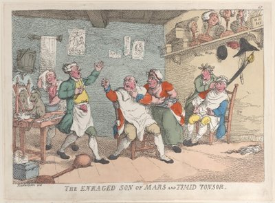 De woedende zoon van Mars en bange Tonsor, 20 april 1811 door Thomas Rowlandson