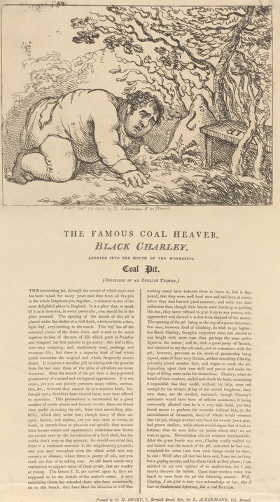 De beroemde zwarte kolenploeger, Black Charley, die in de opening van de prachtige kolenmijn kijkt door Thomas Rowlandson